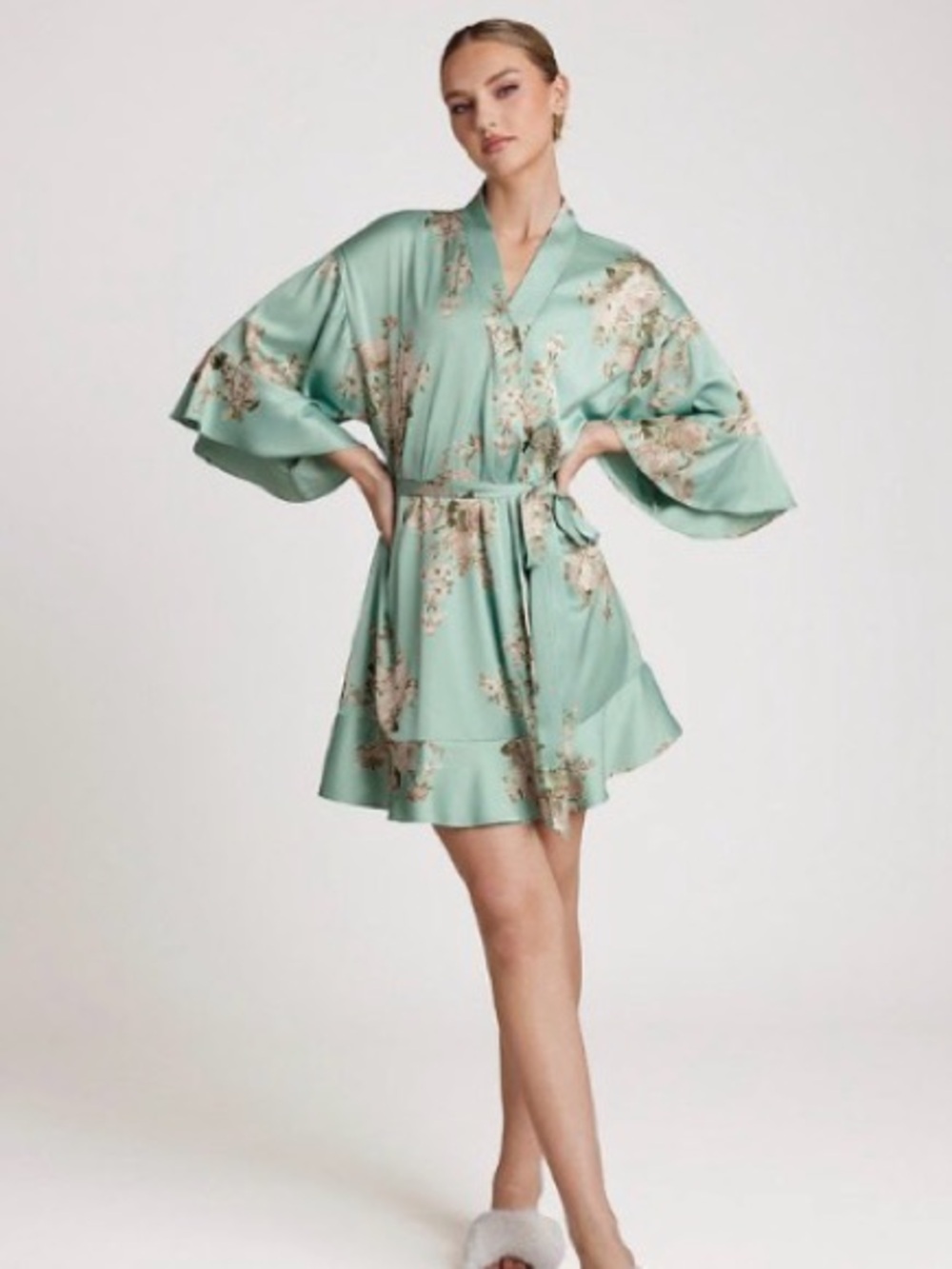 Azazie Satin Floral Kimono Robe in Mint Green